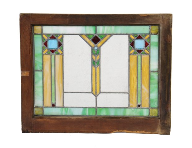 original c. 1915-20 antique american prairie style interior residential leaded art glass complete with original wood sash frame