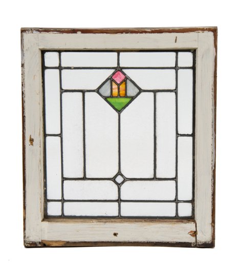 original c. 1920's antique american craftsman style leaded glass residential window with abstract art glass floral motif