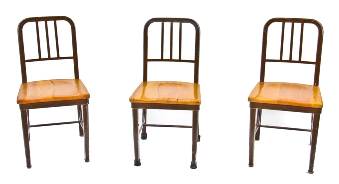 set of three matching late 1940's vintage industrial "royalchrome" doctor's office waiting room chairs complete with maple wood saddle seats