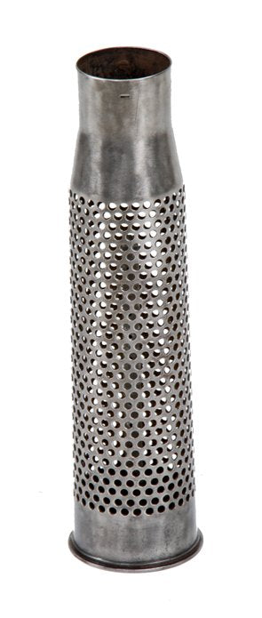 1940's vintage american industrial m20 recoiless rifle heavy gauge perforated steel shell casing with brushed metal finish