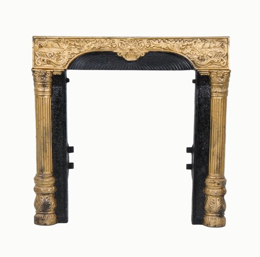 original late 19th century ornamental cast iron interior residential fireplace surround with metallic gold and black enameled finish