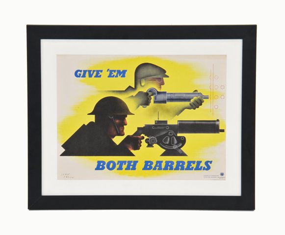 original c. 1941 single-sided "give 'em both barrels" offset lithograph word war ii propaganda "production" poster