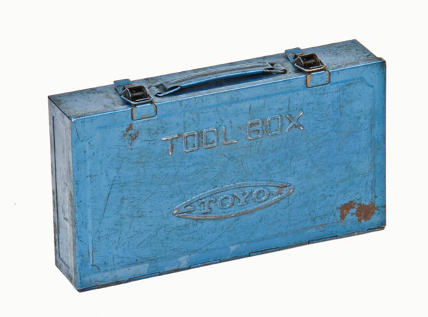 compact vintage industrial handheld "toyo" hinged lid portable steel toolbox with original metallic blue finish