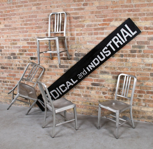 four matching exceptional c. 1940's american art deco machine age lightweight aluminum "goodform" side chairs