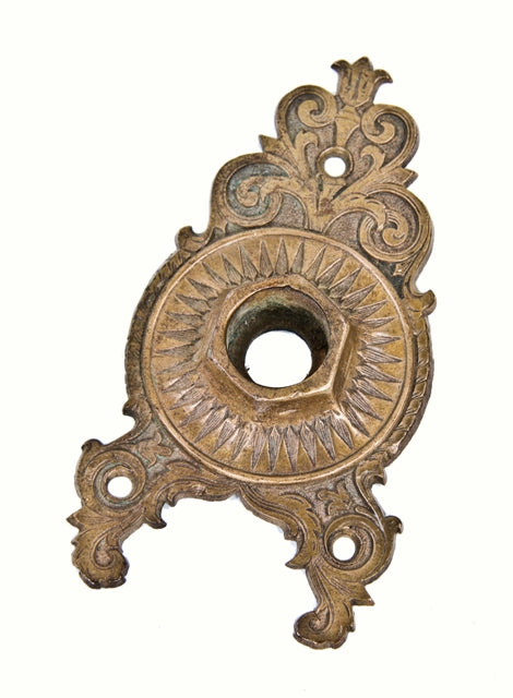 original 19th century antique american victorian era ornamental cast bronze triangular-shaped doorknob escutcheon