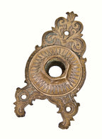 original 19th century antique american victorian era ornamental cast bronze triangular-shaped doorknob escutcheon