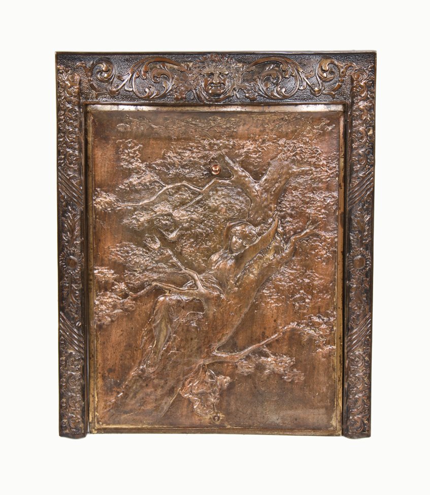 rare late 19th century brass-plated interior residential ornamental cast iron figural summer cover complete with matching surround