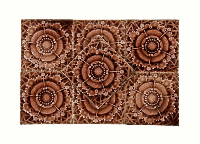 lot of five matching antique american lightly embossed mottled mauve glazed interior residential salvaged chicago fireplace tiles