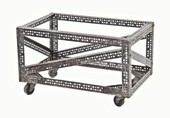 very unique c. 1940's vintage industrial "slotted" heavy gauge angle steel factory cart with intact hardened black rubber caster wheels