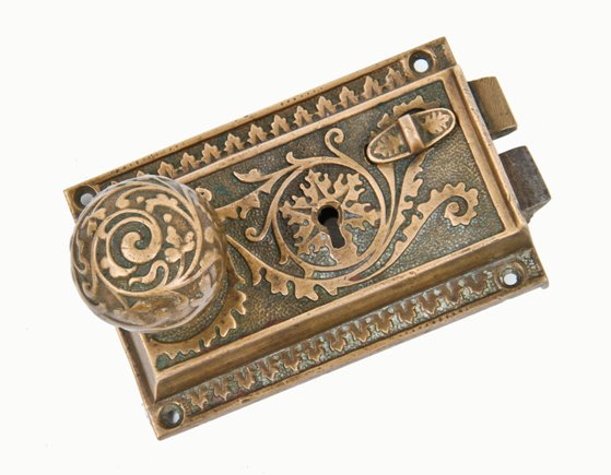 original american victorian era ornamental cast bronze interior railroad passenger car rim lock with intact privacy latch