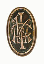 c. 1920's original american ornamental cast bronze mutual life insurance building oval-shaped monogrammed doorknob