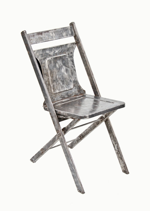 original c. 1920's american industrial folded and pressed heavy gauge brushed steel portable folding chair