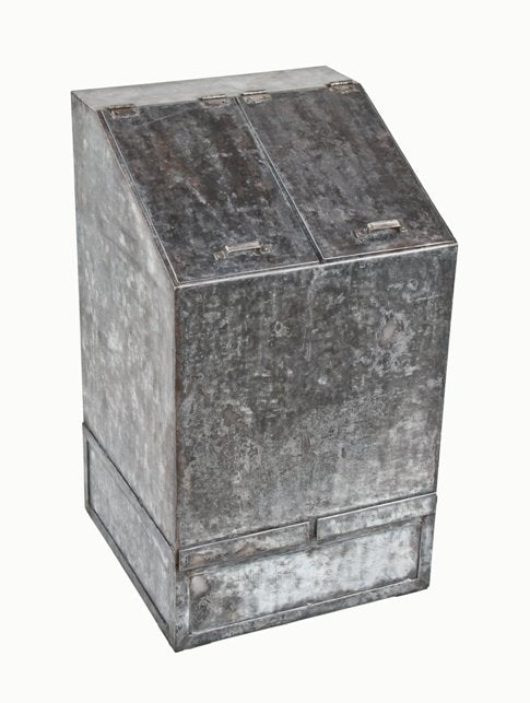 original and highly unusual c. 1920's old american industrial folded and pressed galvanized steel angled front storage bin with hinged lids