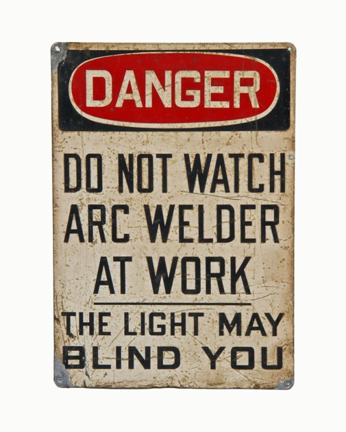 unique c. 1930's vintage industrial general electric factory "do not watch arc welder" cautionary or danger sign