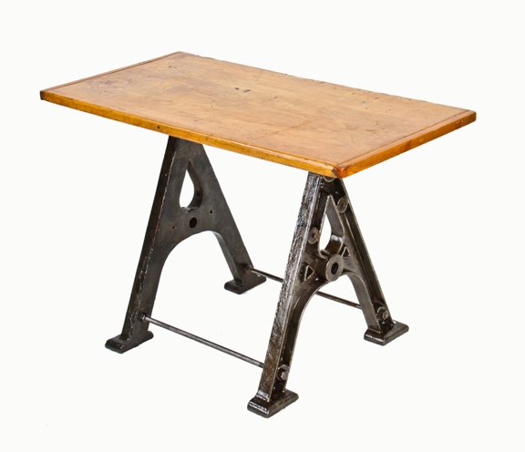 repurposed vintage american industrial maple wood table with two heavy duty refinished cast iron machine bases