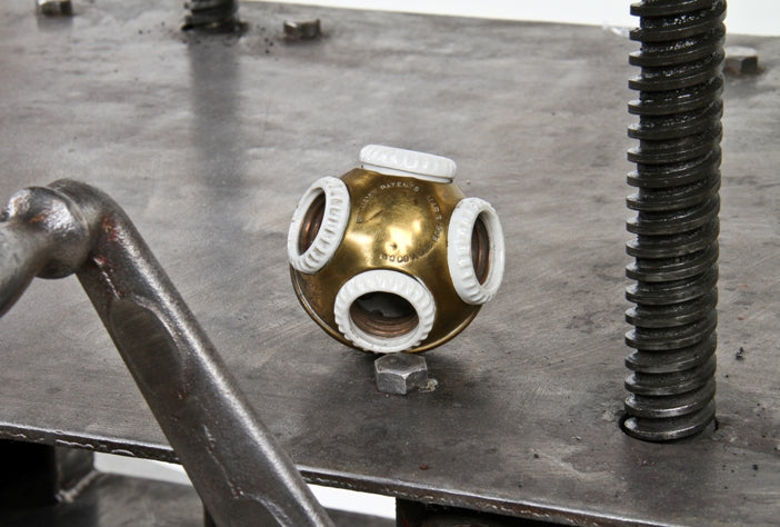 original early 20th century vintage american industrial benjamin four plug socket cluster or "plural lamp socket" with porcelain ring insulators