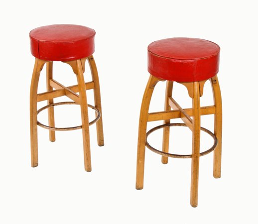 matching set of c. 1940's american bentwood four-legged thonet bar or diner stools with original red upholstered seats
