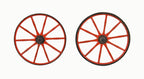 matching set of early 20th century vintage american industrial red painted "allwin" go-cart carriage spoked wheels