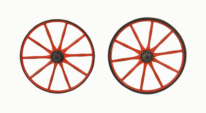 matching set of early 20th century vintage american industrial red painted "allwin" go-cart carriage spoked wheels