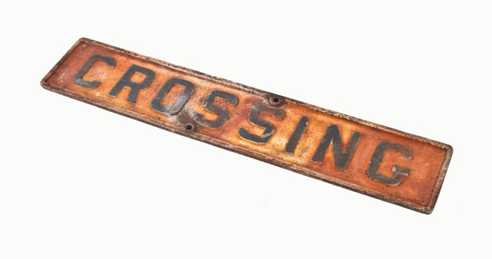 original vintage american industrial single-sided embossed letter "crossing" cast iron railroad crossbuck sign with nicely aged surface patina