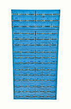 towering stack of c. 1940's american industrial heavy gauge steel "equipto" pull-out drawer cabinets with old blue paint finish