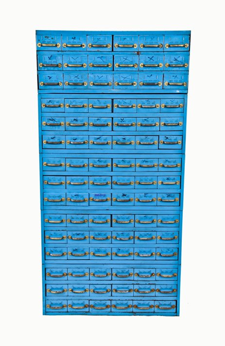 towering stack of c. 1940's american industrial heavy gauge steel "equipto" pull-out drawer cabinets with old blue paint finish