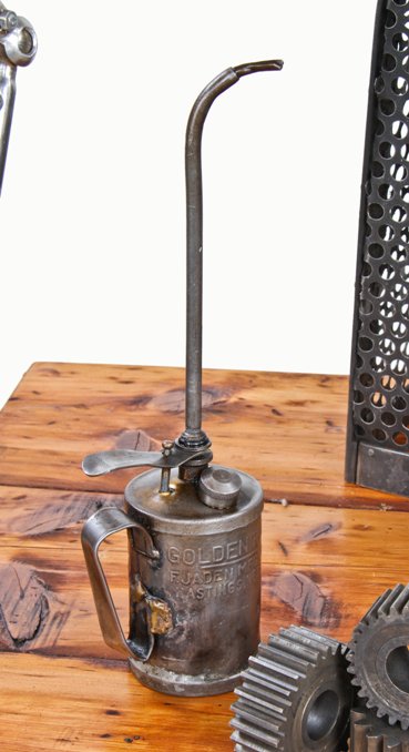 original late 1920's railroad locomotive mechanic "golden rod" embossed steel oil can with long tubular spout