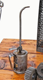 original late 1920's railroad locomotive mechanic "golden rod" embossed steel oil can with long tubular spout