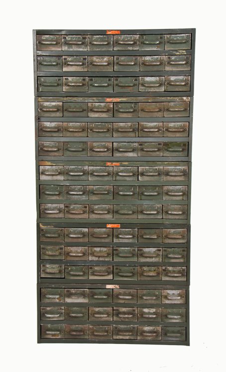 colossal late 1940's american industrial olive green enameled multi-drawer "small parts" cabinet assembly