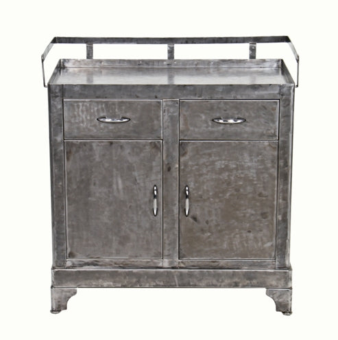 refinished late 1930's vintage medical heavy gauge steel hospital operating room supply cabinet with three-sided railguard
