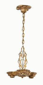 c. 1920's original interior residential three-light barebulb ceiling fixture with uniform metallic gold enameled finish