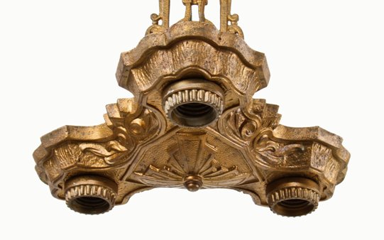 c. 1920's original interior residential three-light barebulb ceiling fixture with uniform metallic gold enameled finish
