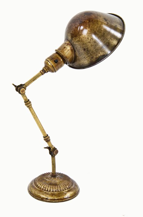 unusual early 20th century double-jointed faries desk or table lamp with patented rolled rim parabola-shaped shade