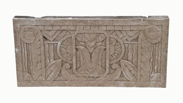 original c. 1930 american art deco style calumet theater exterior building facade limestone panel featuring highly stylized floral motifs