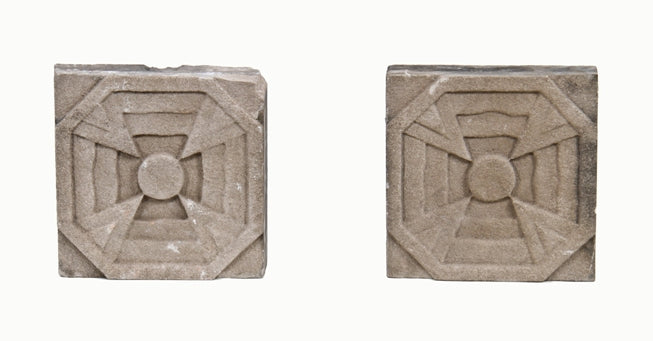 matching set of original c. 1930 american art deco exterior calumet theater carved limestone panels or blocks with geometrically designed rosettes