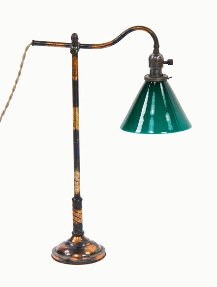 very rare amercian late 19th century fully adjustable "dale portable" oxidized copper tubular arm table or desk lamp