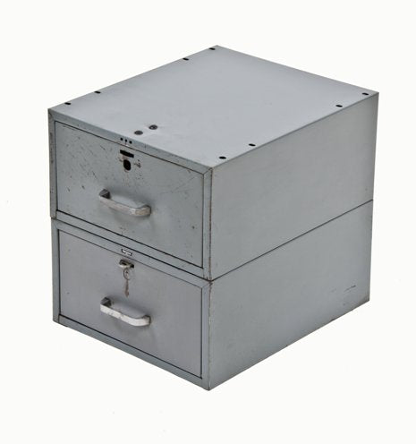 vintage industrial gunship gray enameled folded sheet steel stackable double drawer unit with brushed aluminum handles