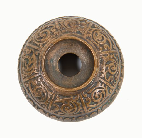 original c. 1880's ornamental "real bronze" metal surface mounted exterior push button doorbell cover with naturally aged patina
