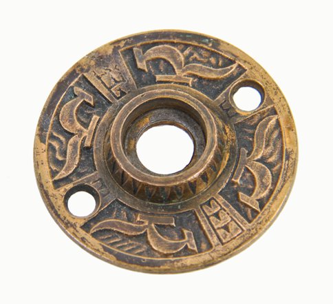 c. 1880's original antique american ornamental cast brass "arabic" pattern interior residential doorknob rosette