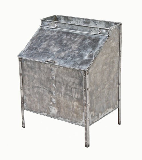 unusual early 20th century american industrial riveted joint galvanized steel angled front oily rag factory cabinet