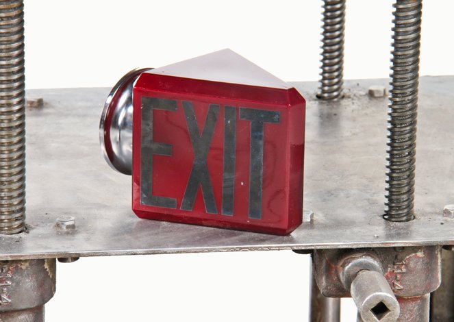 original c. 1930's american art deco double-sided ruby red beveled edge exit light wall sconce with polished chrome fitter