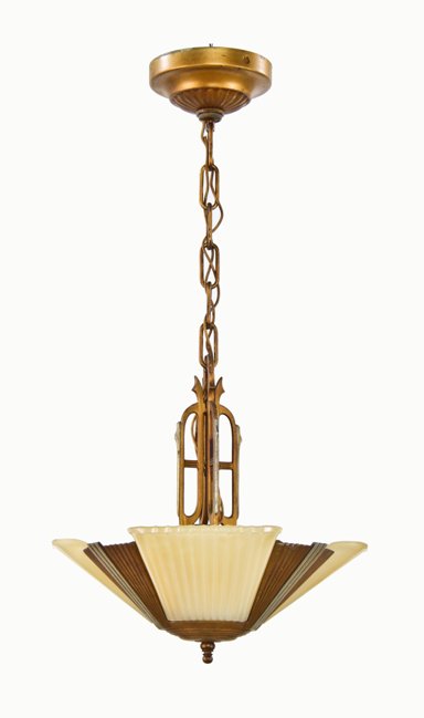 c. 1930's american art deco machine age three-light interior theater lobby slip shade ceiling fixture with original finish