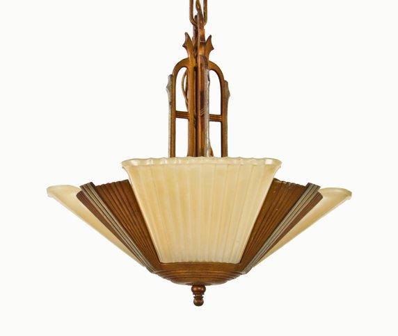 c. 1930's american art deco machine age three-light interior theater lobby slip shade ceiling fixture with original finish
