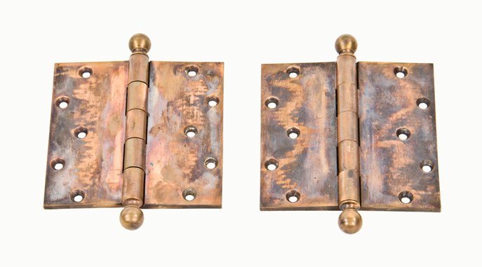 matching set of late 19th century antique american residential solid bronze door hinges with ball finials