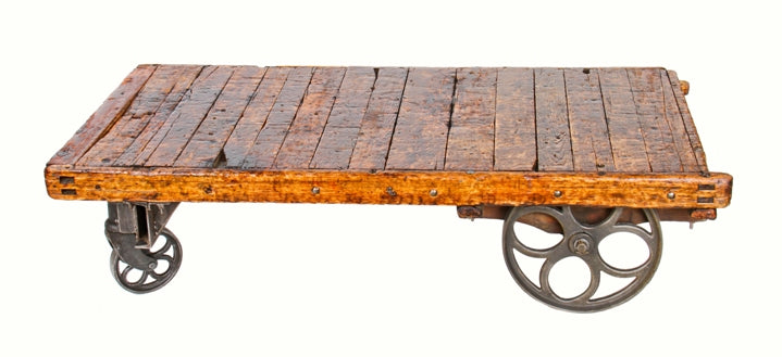 refinished early 20th century oversized "nutting" railroad depot luggage cart or truck with perforated cast iron wheels or casters