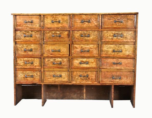 early 20th century vintage industrial american custom-built freestanding pine wood steamfitter's multi-drawer cabinet