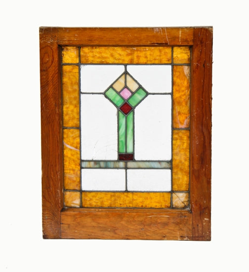 original early 20th century american craftsman style residential art glass window with abstract floral motif