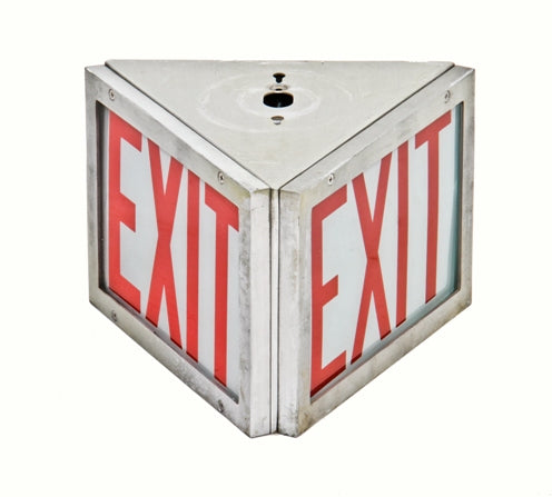 c. 1950's vintage ceiling mount double-sided interior hospital building brushed steel exit light