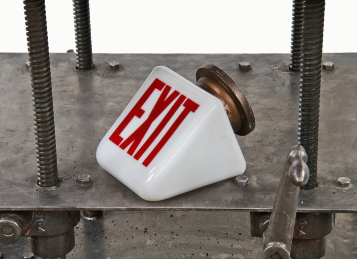 original american wedge-shaped ceiling mount kopp glass exit light with intact baked red enameled lettering