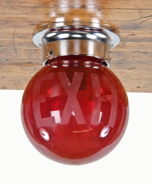 original c. 1920's american double-sided ruby red glass ceiling mount exit light with lightly etched lettering